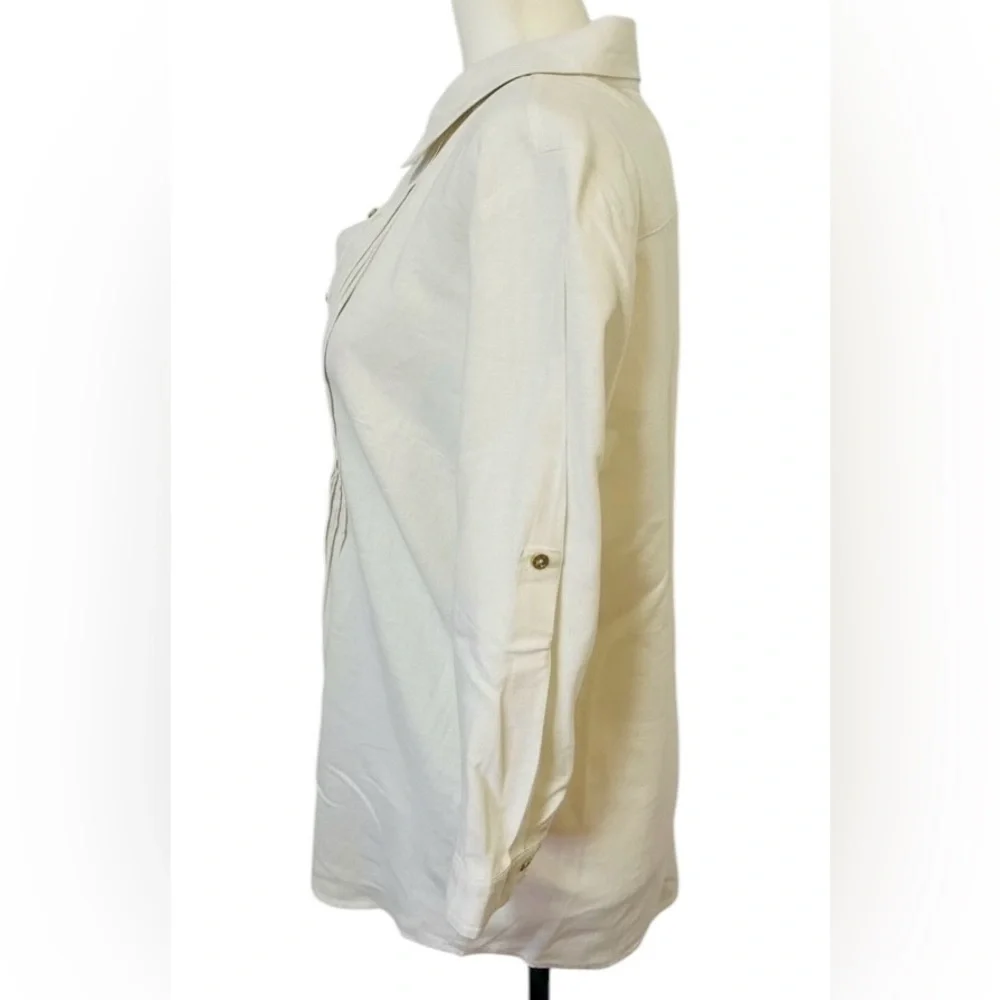 Traditions Linen Blend Button Down Pintuck 3/4 Sleeve Shirt Petite 10P - Picture 5 of 8